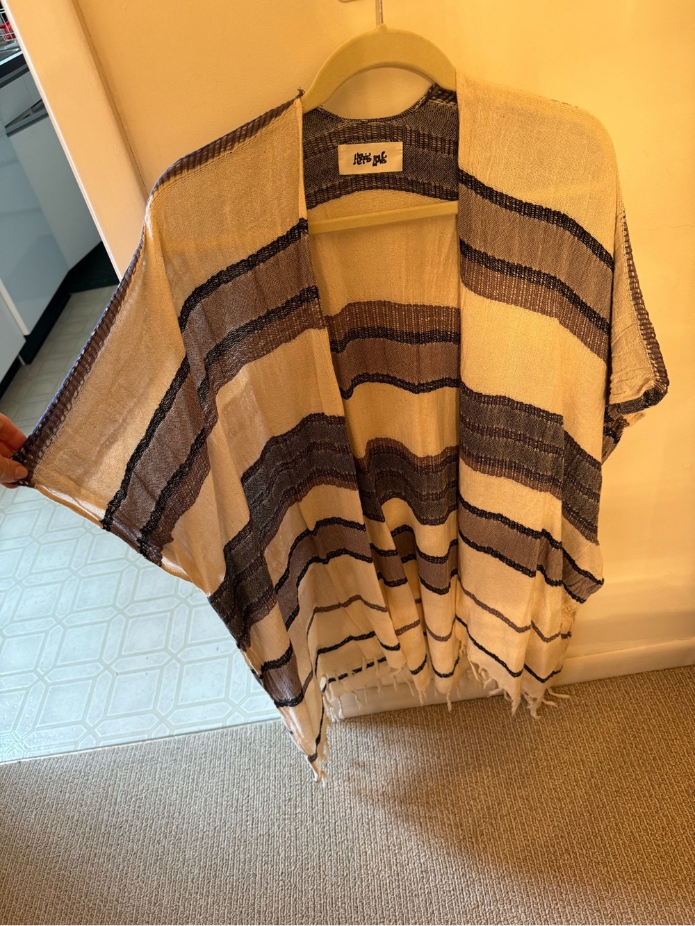 Striped Cream and Navy Open-Front Swim Coverup Kimono